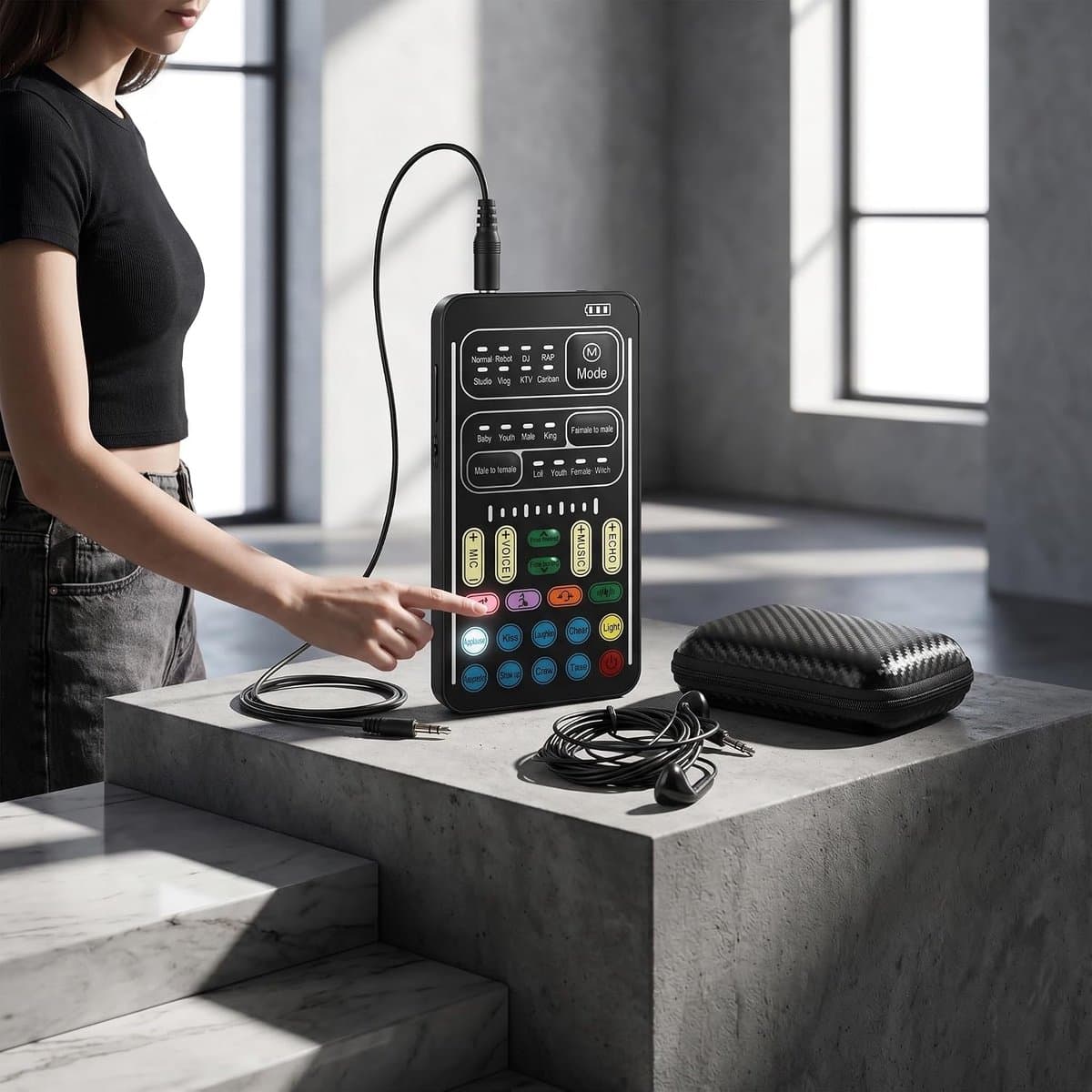 Voice Changer Set Multifunctionele draagbare geluidskaart met 8 stemmodi 8 geluidseffecten LED-verlichting voor gamecomputer Telefoontablet (Engelse versie)
