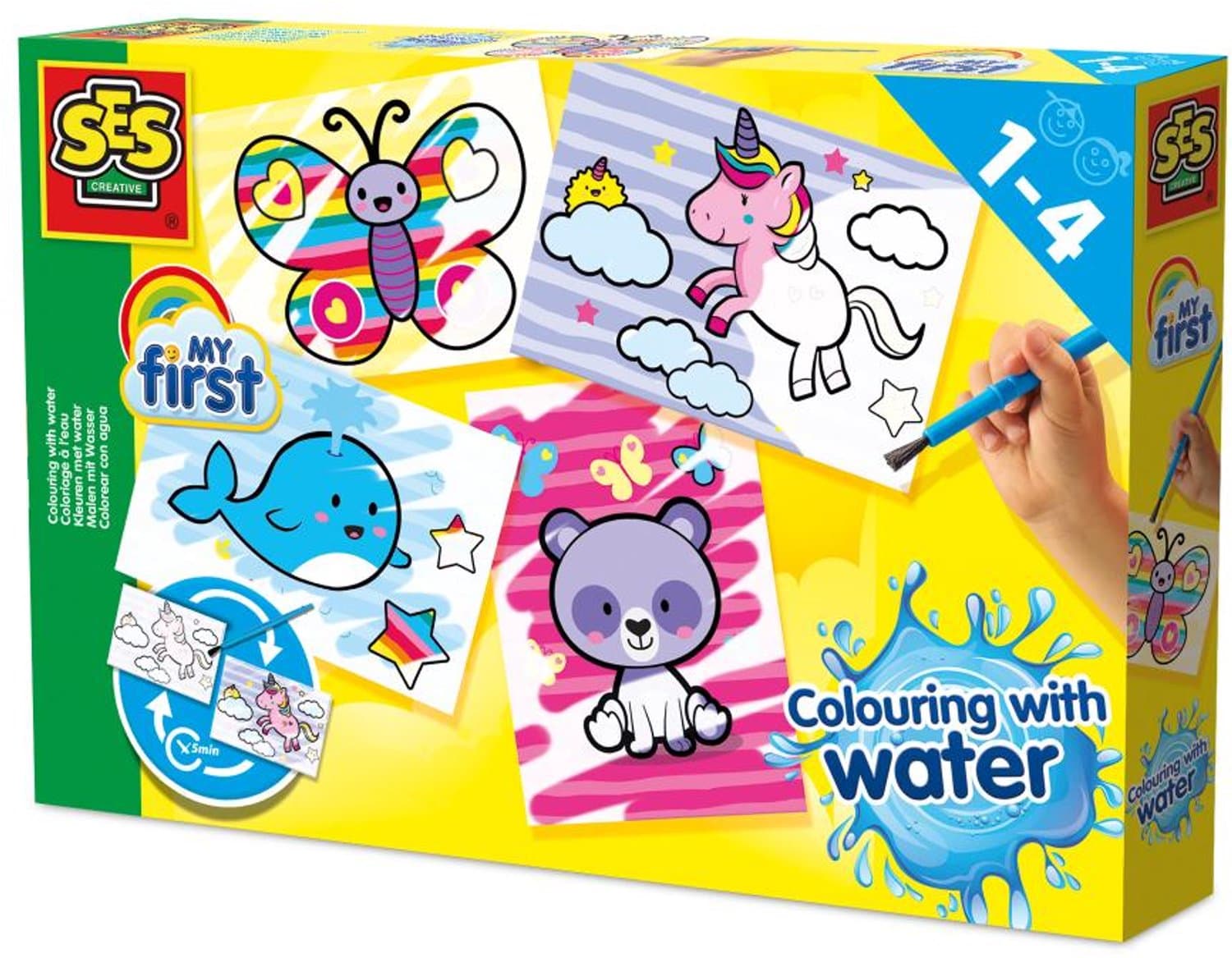 SES Creative - My First - Kleuren met water - Fantasie dieren – Verven - zonder geknoei - inclusief 4 kleurplaten en kwast - steeds opnieuw te gebruiken – 1 tot 4 jaar