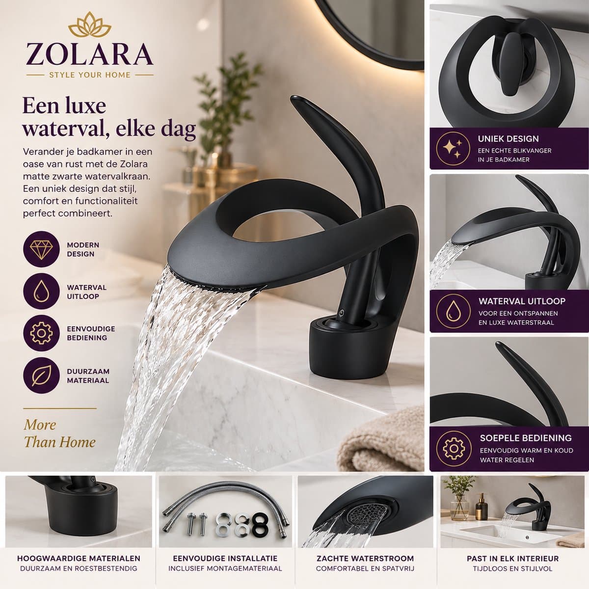 Zolara Moderne Watervalkraan - Wastafelkraan - Mat Zwart - Mengkraan - Warm & Koud Water - Waterval