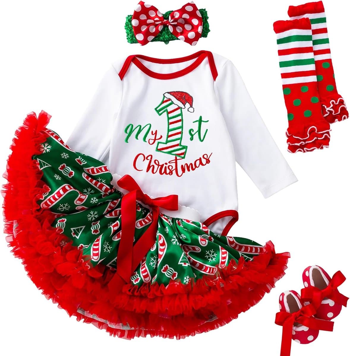 Baby Meisjes Eerste Kerst Outfit Pasgeboren Romper Tutu Jurk Infant Sequin Xmas Rok met Schoenen Hoofdband Beenwarmer