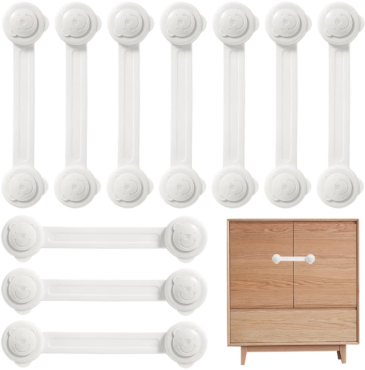 10 stuks Kinderbeveiliging - Met berenkop design, sterke lijm en zonder boren - Voor kasten, laden, deuren en koelkasten - Wit