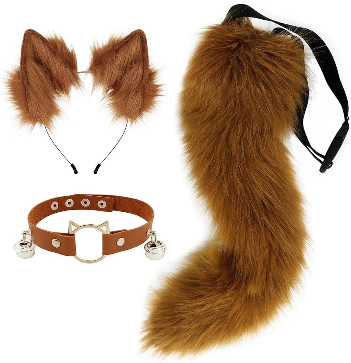 Harige dieren, kat, vossenstaart, kunstbont, wolvenoren, hoofdband, leren halsketting, kostuumset voor feest, Halloween, cosplay