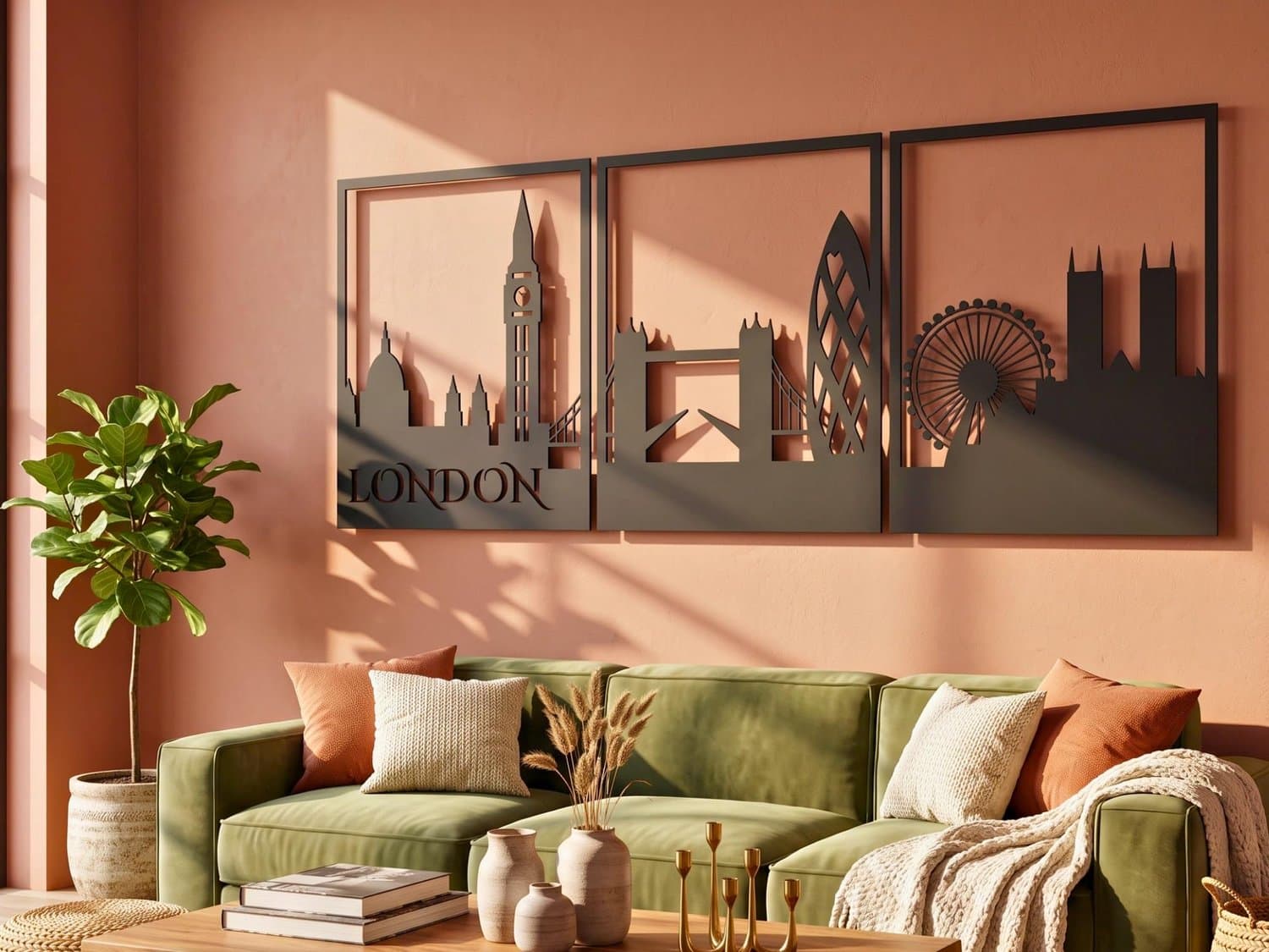 Vailla Londen Skyline Wanddecoratie, 3-delige Britse Stadsilhouet – 228 x 90 cm
