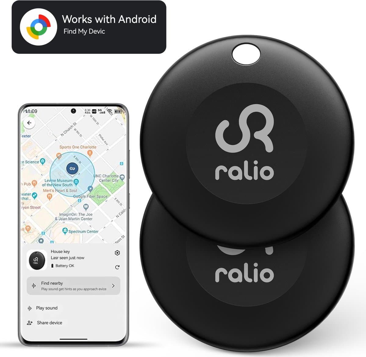 Ralio Bluetooth Tracker voor Android – Werkt met Google Find Hub - Geen abonnement - 2 Pack – verwisselbare batterij – Met geluid – Sleutels, Fiets, Auto – Key Finder - Zwart