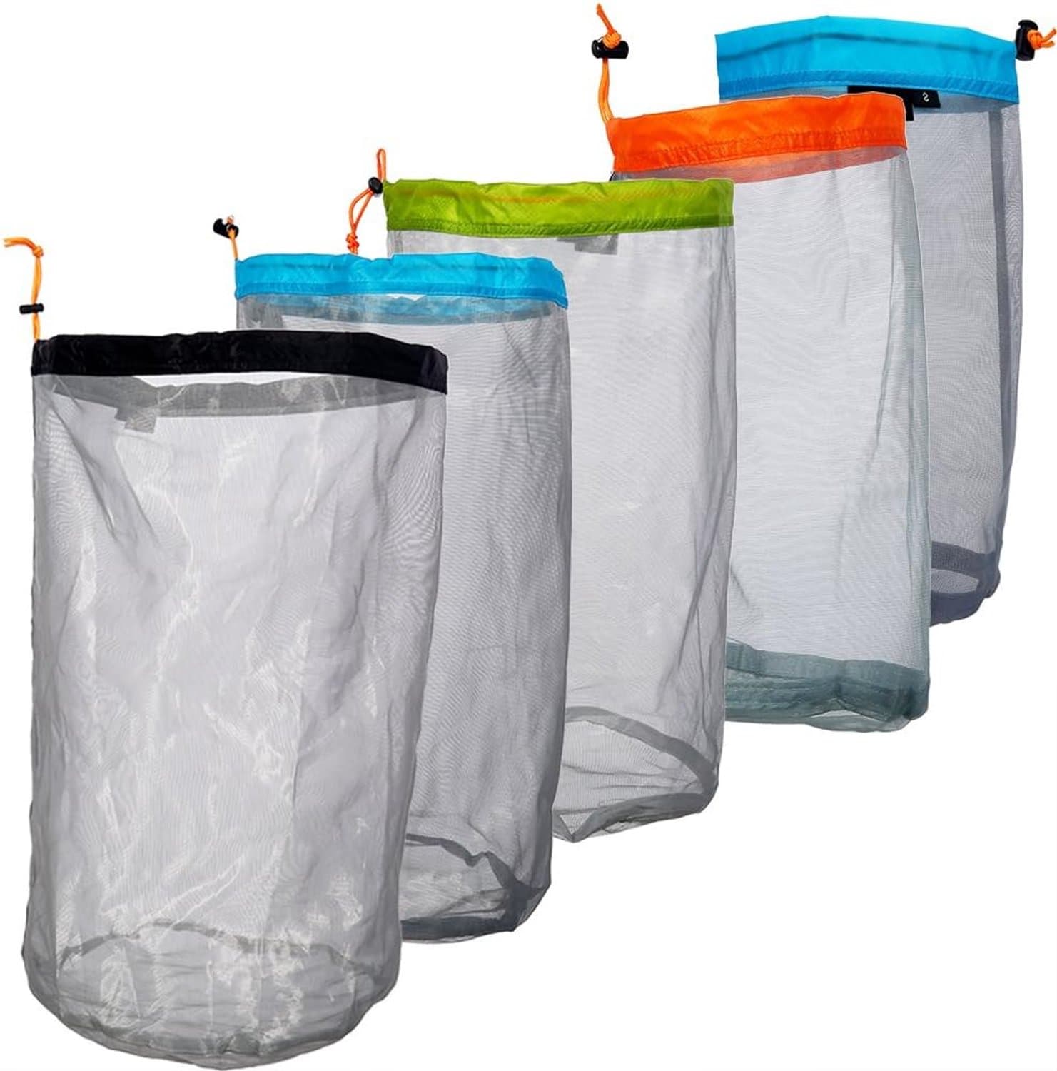 Zakken, mesh, trekkoord, opbergtas, camping, wandelen, zichtbaarheid, mesh-zak, keuze uit 5 maten