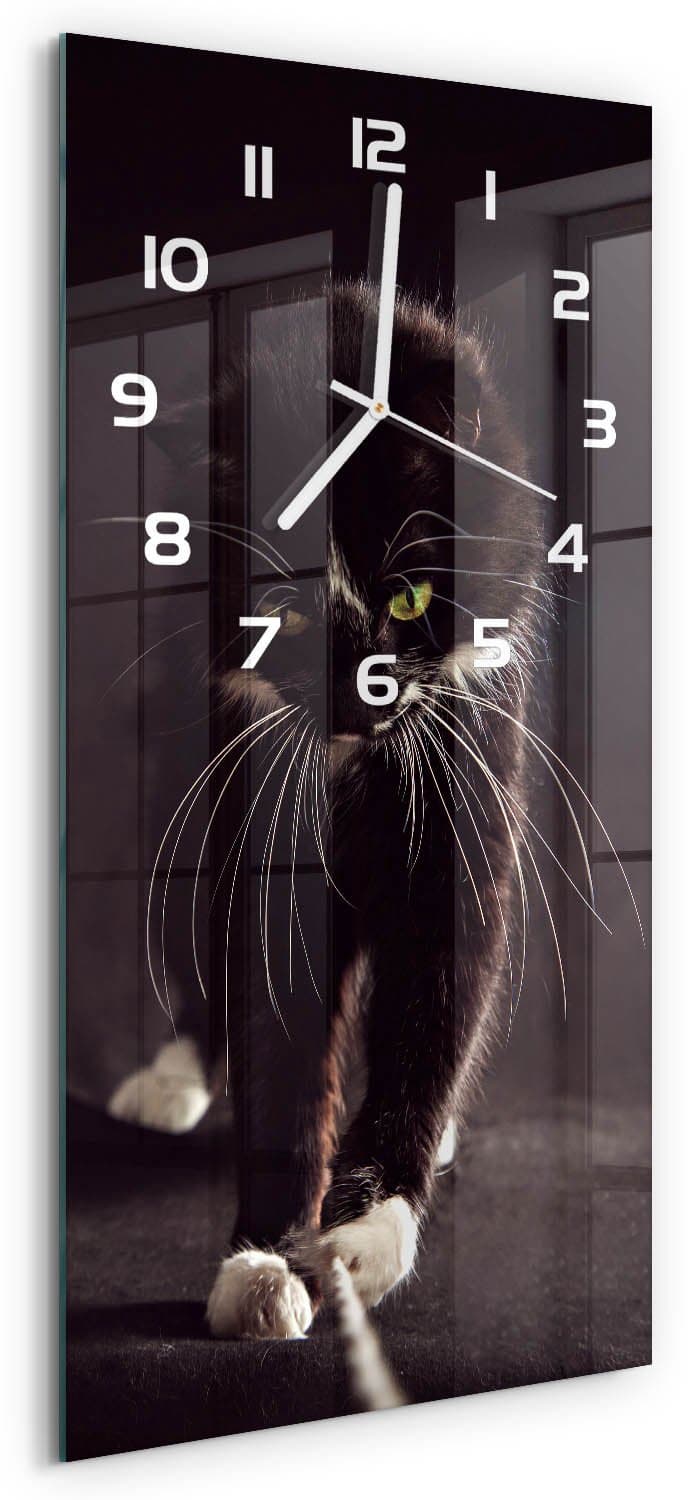 Tulup Wandklok - Zwarte kat Wandklok Glas Decoratie - 30x60 cm - Zwart Gekleurde Glazen Klok - Witte handen - Rechthoekige Klok - Klok Glas Met Opdruk - Moderne Wandklok Glas
