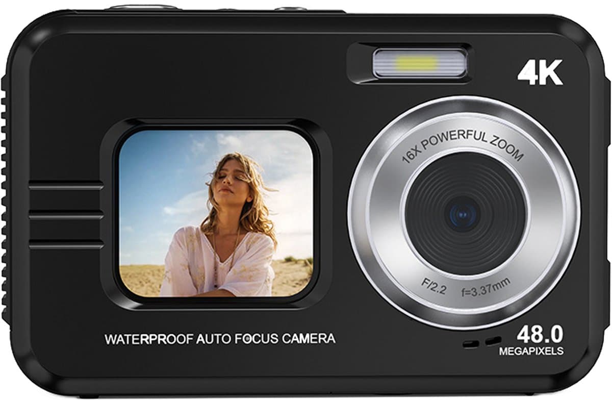 KINSI Waterdichte Actiecamera 4K met Voor Scherm - Dual Display Sportcamera voor Duiken, Fietsen en Avontuur