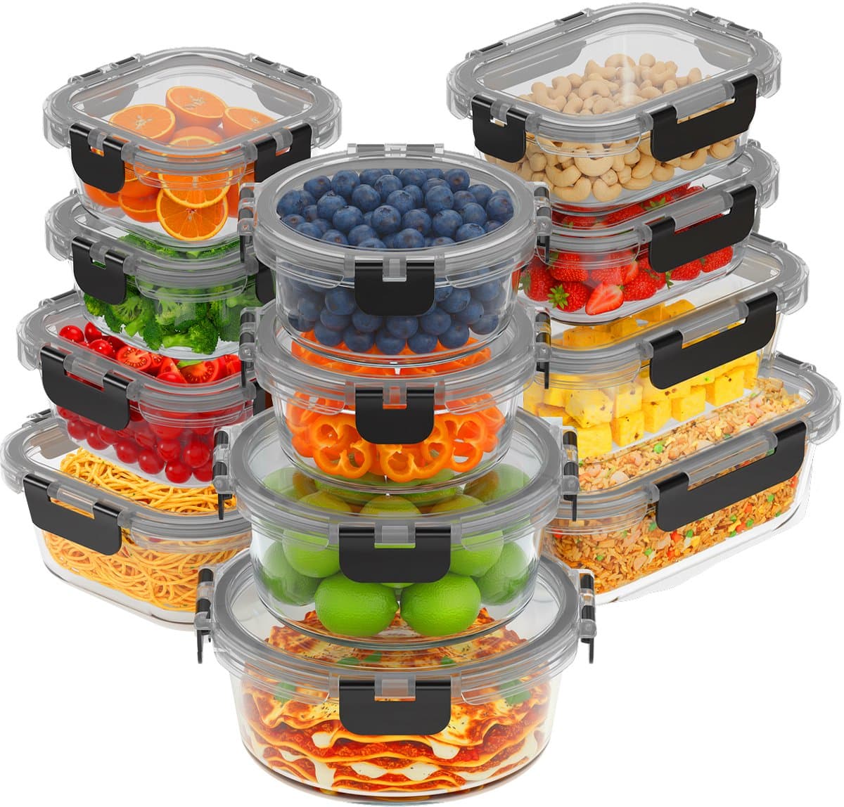 KitchenBrothers Meal Prep Bakjes Set - Glazen Vershoudbakjes - Luchtdicht - BPA en PFAS Vrij - Diepvriesbakjes - Bewaarbakjes - 6,79L - Glas - 12 Stuks