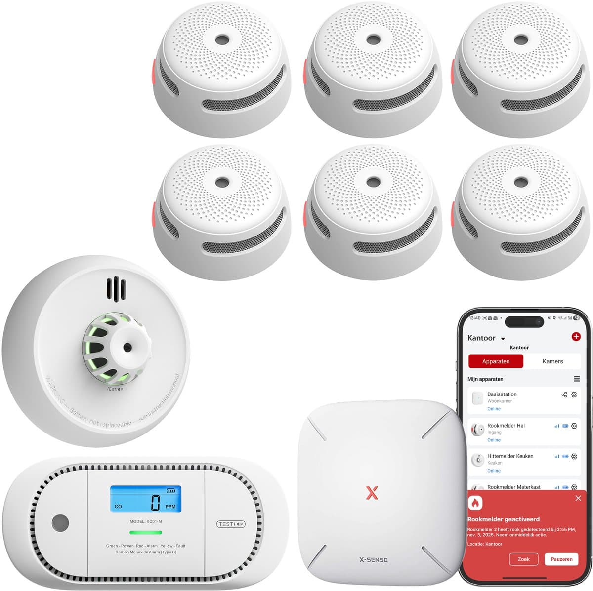 X-Sense Complete Link+ Pro Slimme bundel - 6 XS01-M Rookmelders, 1 XC01-M Koolmonoxidemelder, 1 XH02-M Hittemelder en SBS50 Base Station - Werkt via app - WiFi gateway - Draadloos RF koppelbaar - Brandalarm, Keukenmelder en CO melder - Smart home