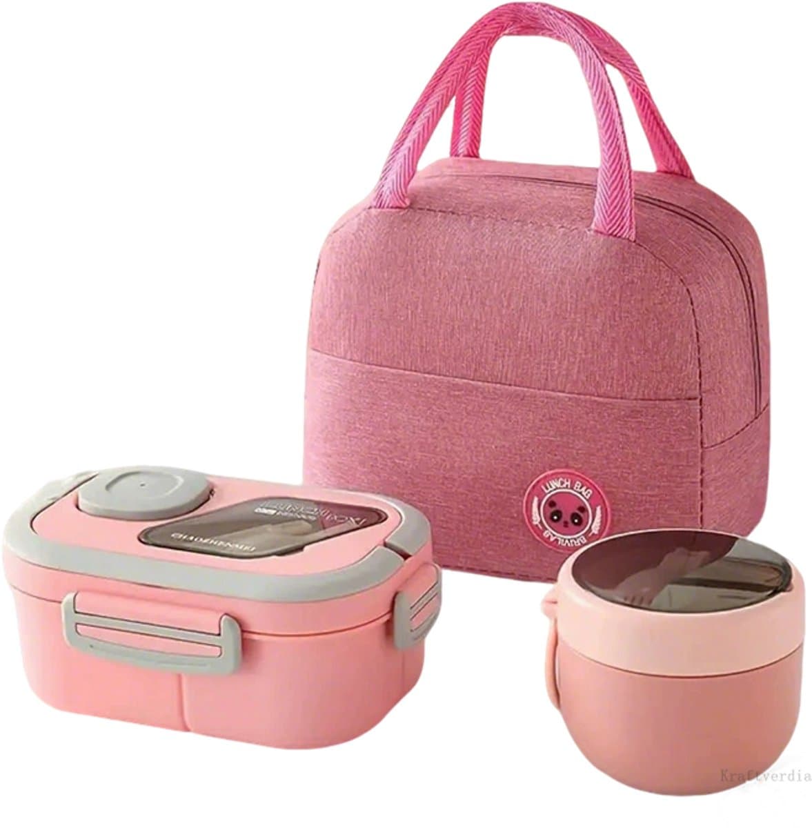 Kraftverdia - Lunchbox Set 1200+600ml - Yoghurt en Muesli beker to go - broodtrommel met sausbox ‌en bestek‌ - Lunchpot met Isolerende Draagtas -Bento box voor volwassenen en kinderen‌ - Voor Werk, School, Picnic - Roze