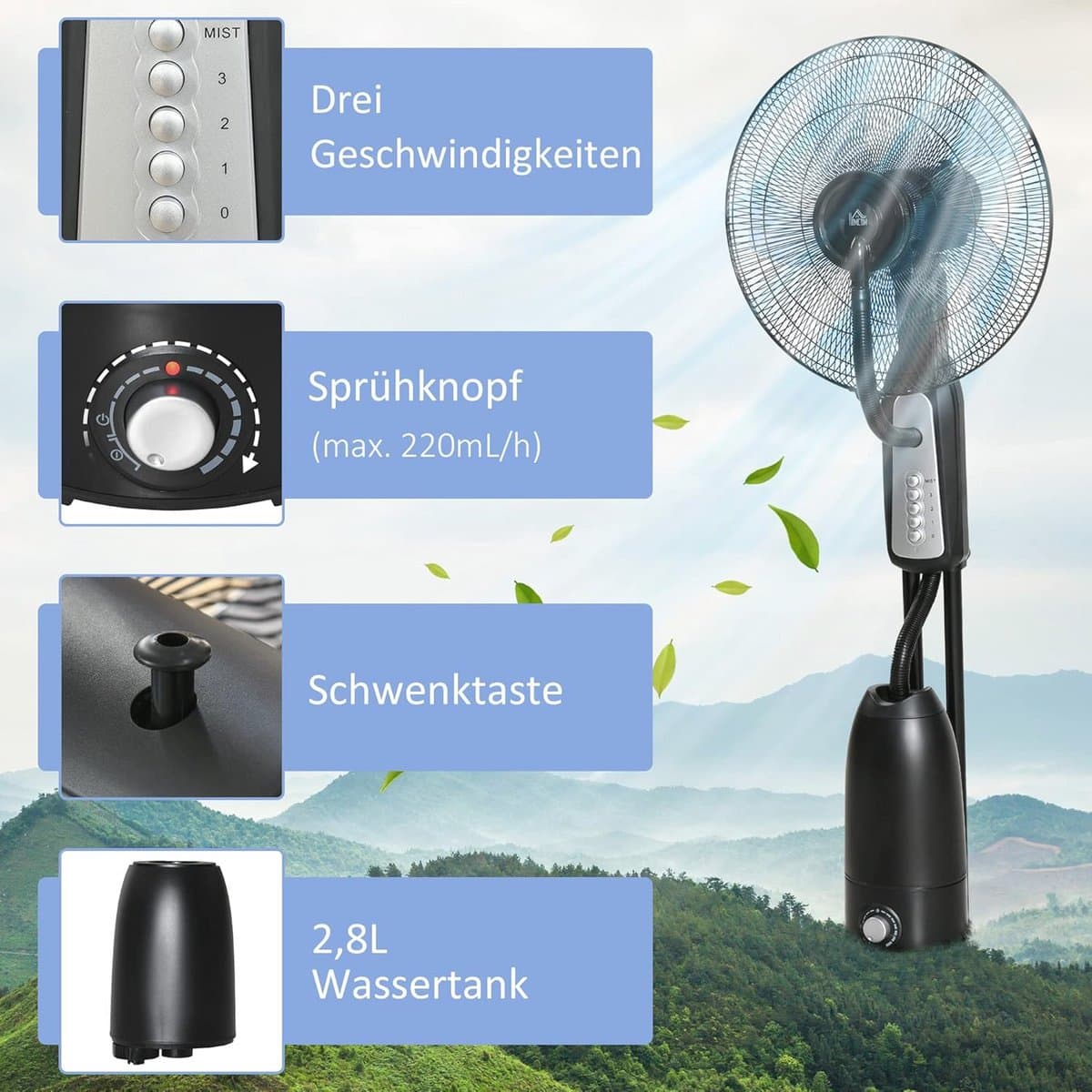 Statiefventilator met waterverstuiver en instelbare hellingshoek - 120 cm hoog