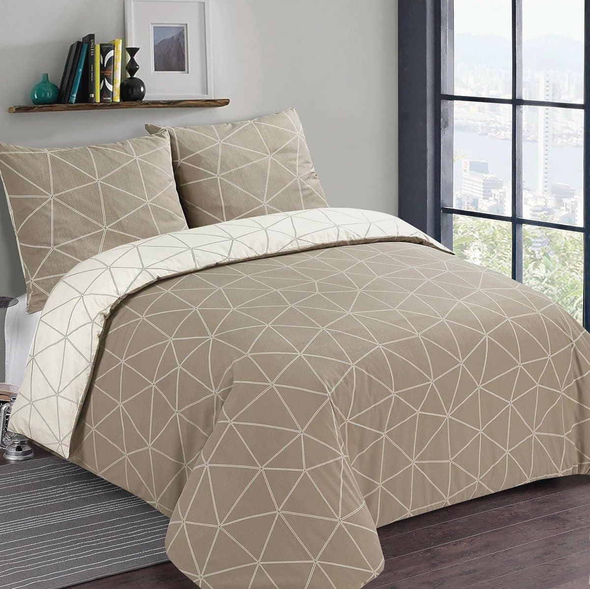 Reversible Flannel Duvet Cover - Beige and Ivory - Double Bed 240 x 220 cm - 100% Cotton