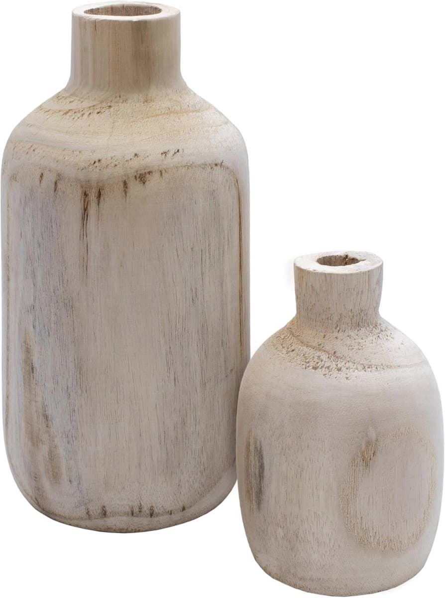 Houten Bloemenvase Set van 2 - Decoratieve Tafel Vazen voor Kunstplanten en Pampasgras