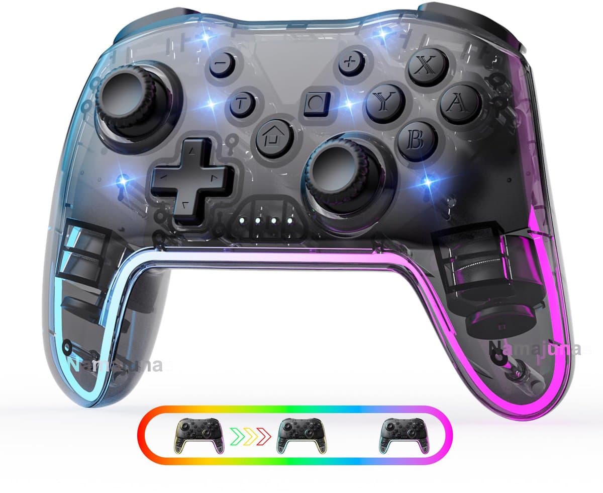 Namajunas - Controller Draadloos - Turbo Knop - Macro Knop - Transparant - RGB Verlichting - Instelbaar via APP - Geschikt voor Nintendo Switch - Transparant Zwart
