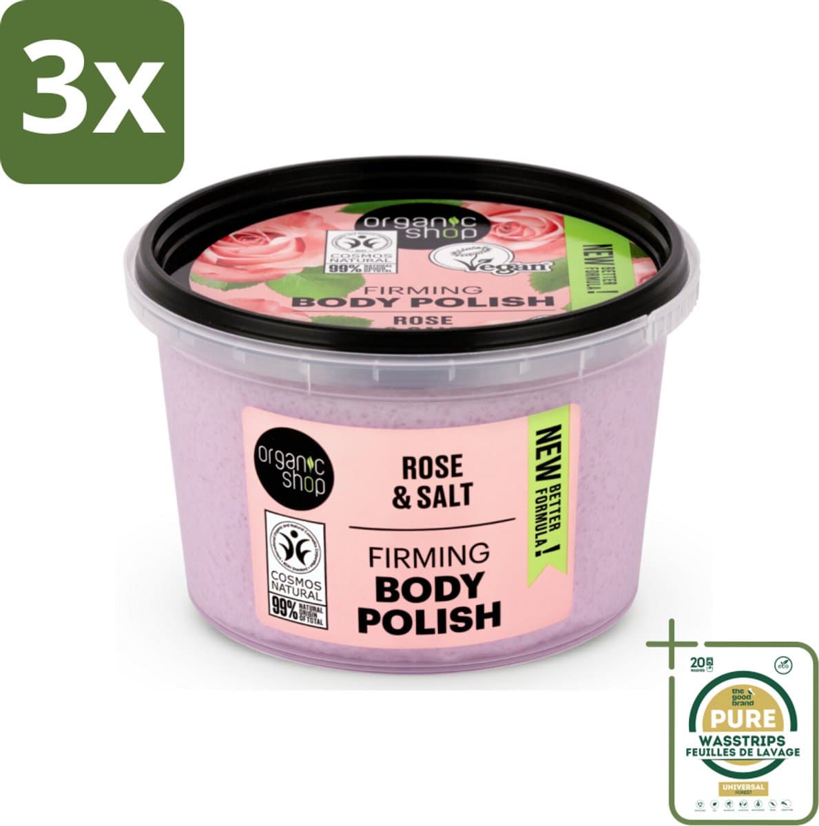 3 x Organic Shop - Body Scrub Rose - Hydraterend en Verzorgend - 250 ml - Grootverpakking - Bodyscrub - Huidverzorging - Exfoliatie - Hydraterende Bodyscrub - Natuurlijke Bodyscrub