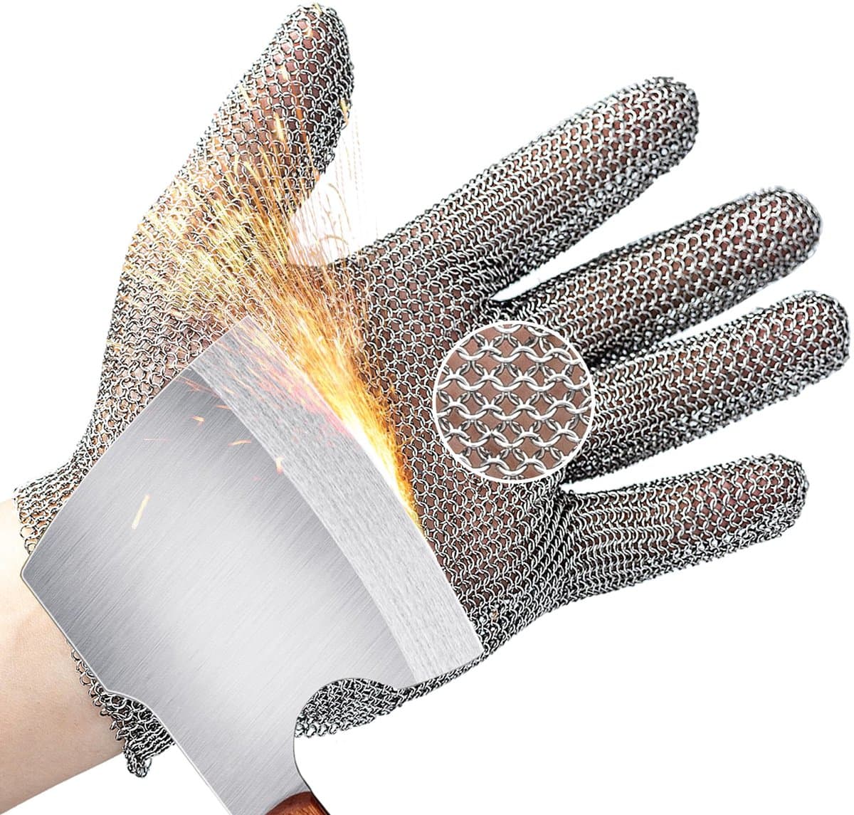 Gigicial Snijbestendige handschoenen - Beschermingsniveau 5 - Gemaakt van 304L roestvrij staal met verstelbare polsband - 1 stuk - Geschikt voor gebruik in keuken en tuin - Zilver