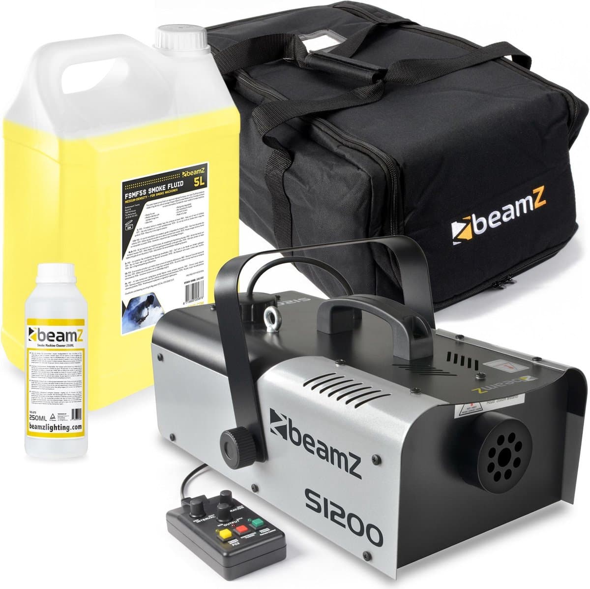 Rookmachine met rookvloeistof - BeamZ S1200 rookmachine met tas, 5 liter rookvloeistof en reinigingsvloeistof