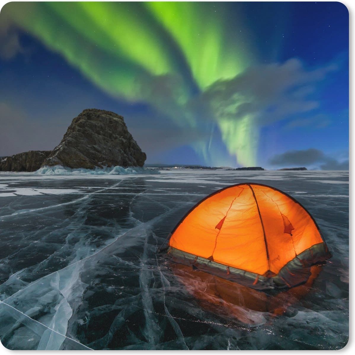 Muismat XXL 60x60 cm - Bureau onderlegger - Bureau mat Noorderlicht - Tent - IJs - Scandinavië - Bureaumat - Gaming mousepad xl - Bureaulegger groot - Computer deskmat