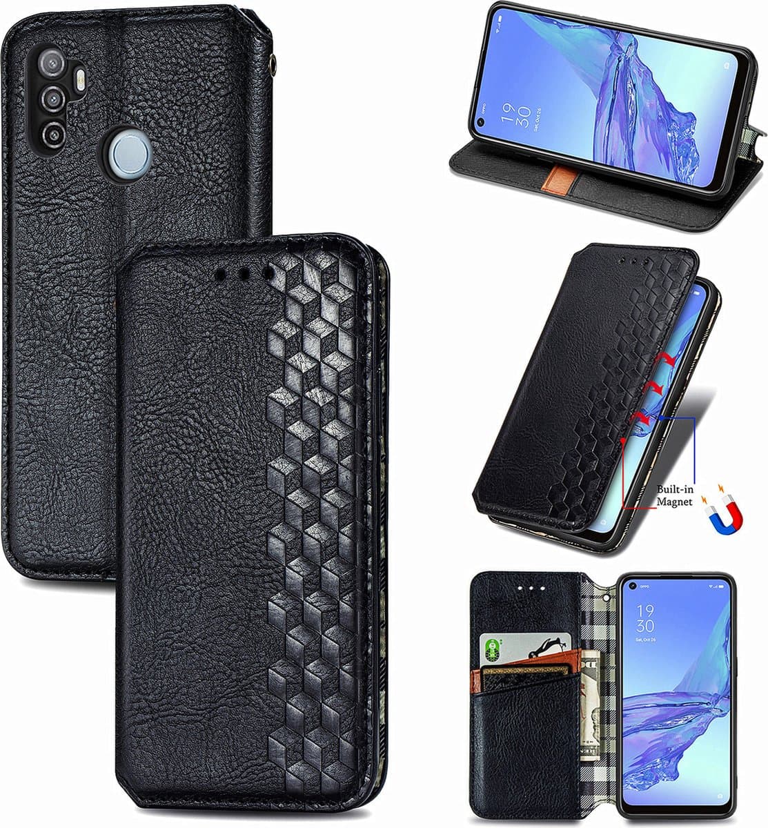 Luxe PU Lederen Ruitpatroon Wallet Case + PMMA Screenprotector voor OPPO A53 4G / A53s 4G _ Zwart