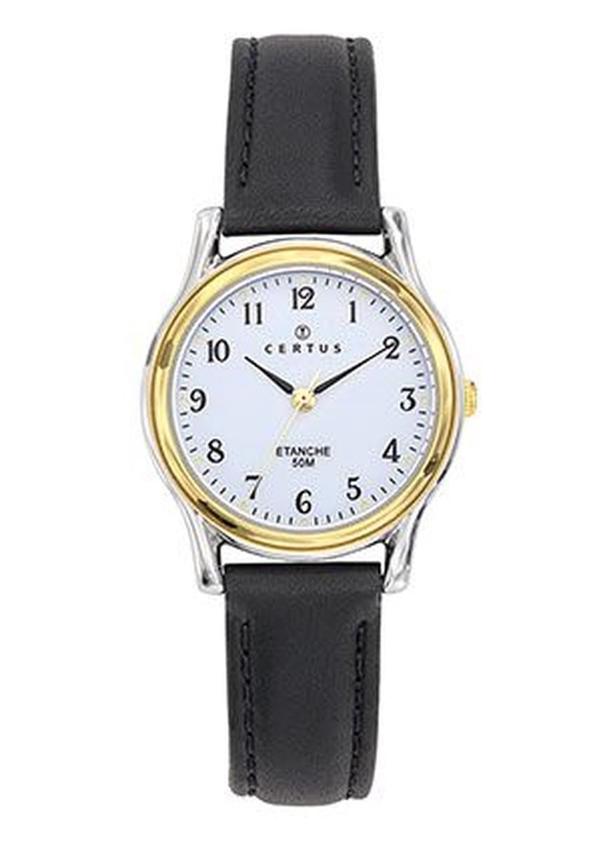 Certus-Duidelijk Dames horloge-Zwart lederen band-Bicolor.