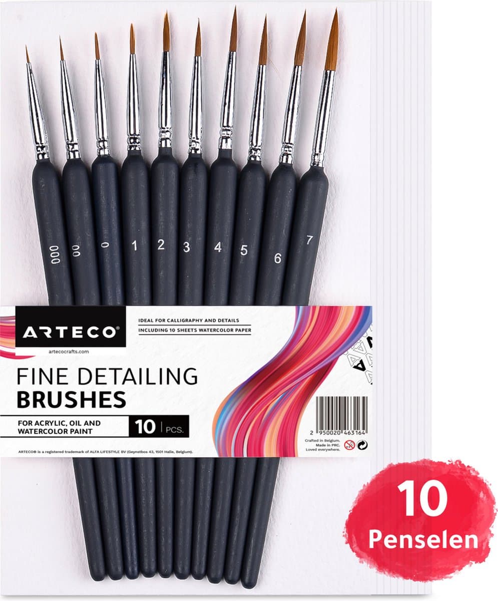 ARTECO® 10 Fijne Penselen Incl. Aquarelpapier - Penselenset - Penselen - Kwasten – Kalligrafie, Schilderen op Nummer, Miniatuur