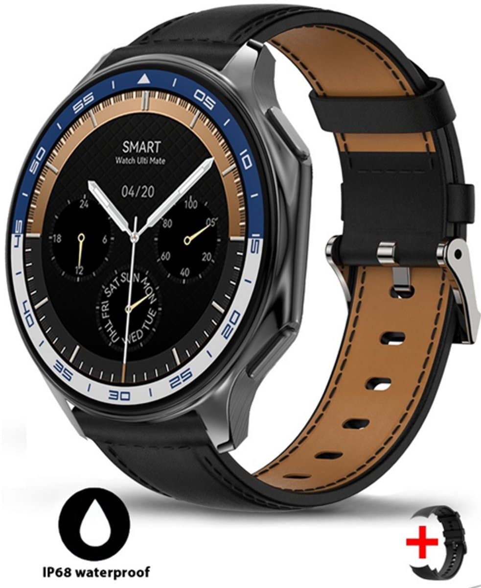 Knobbout 1.43 inch AMOLED-scherm met 3D-ontwerp Smartwatch - Slimme opnamefunctie- 4 GB interne opslag - MP4-video-ondersteuning - Nieuwste ATS3085S Gen 2-chipset - Ingebouwde kompasfunctie - Zwart lederen + siliconen horlogeban
