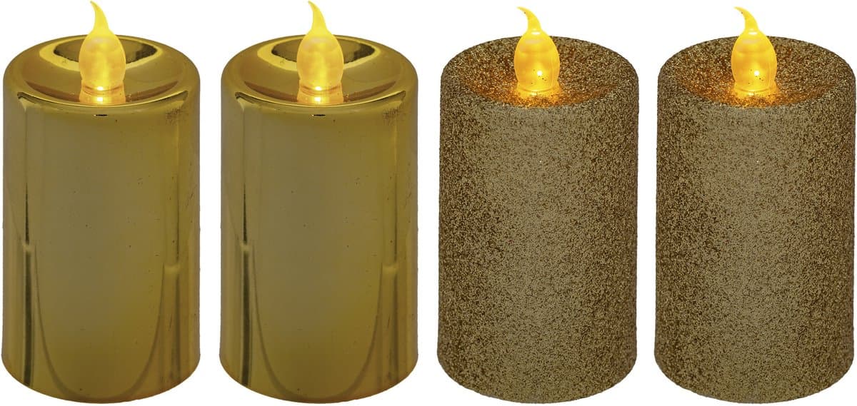 Feeric lights and christmas Kaarsen - 4x stuks - goud - LED - H7,5 cm - glans en glitterafwerking