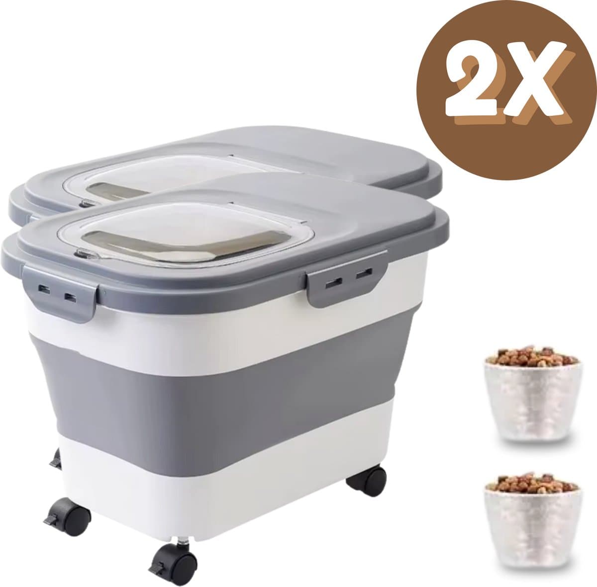 Voercontainer 40L Voordeelset - Voedselcontainer hond- Opslagcontainer - Zwenkwielen - Keuken - 20L - 7.2KG - Grijs