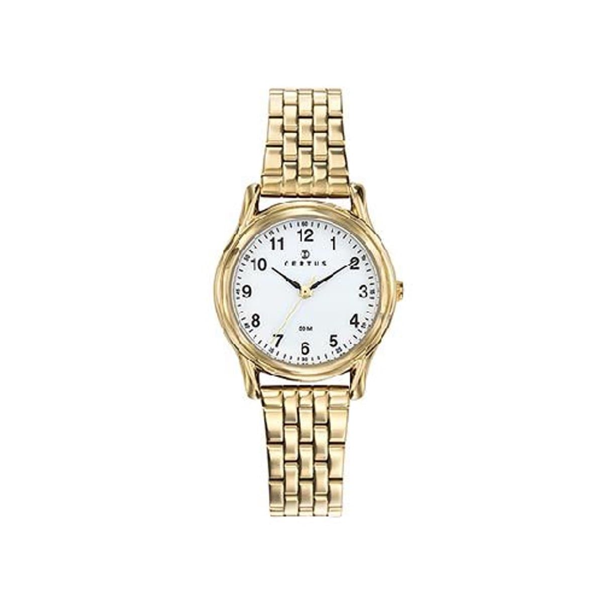 Certus-dameshorloge-model 630689-goudkleurig-5 atm waterdicht-diameter 28 mm-duidelijke wijzerplaat-made in France