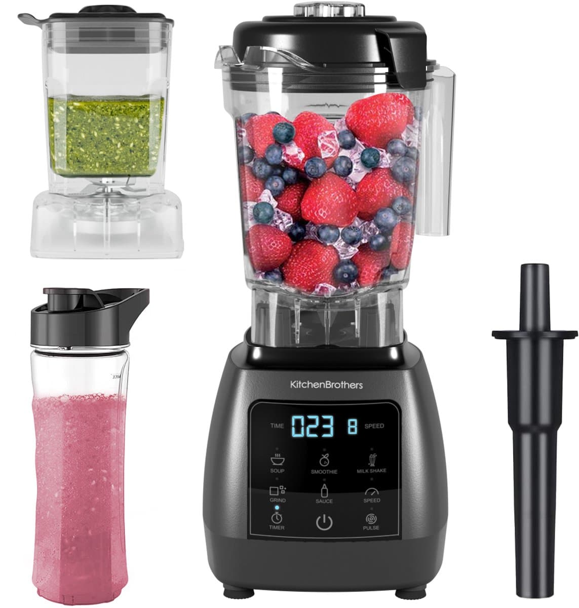 KitchenBrothers 2-in-1 Power Blender - 1600W - BPA Vrij - 2L - Complete Set met Hakmolen en To-go Beker - Smoothie Maker - IJscrusher - Metallic Grijs