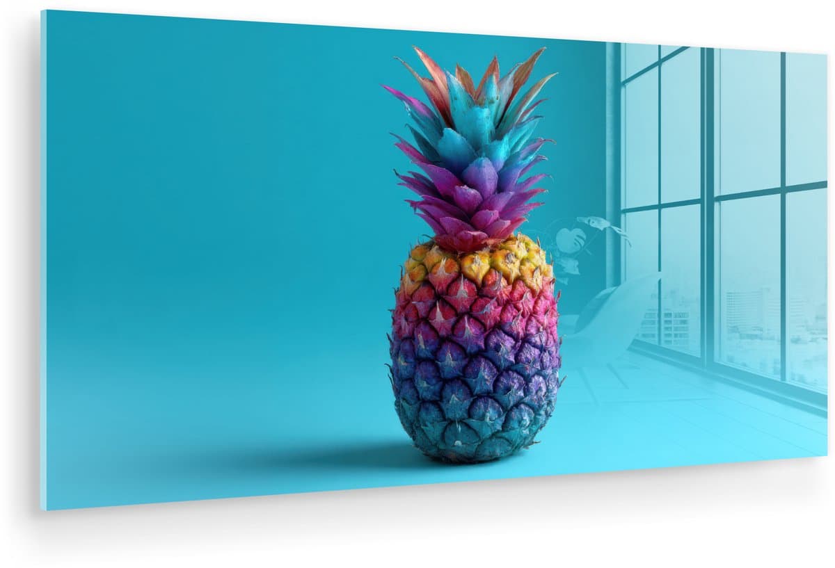 MuchoWow® Glasschilderij 120x60 cm - Schilderij acrylglas - Ananas - Regenboog - Blauw - Popart - Foto op glas - Muurdecoratie woonkamer - Wanddecoratie slaapkamer - Schilderijen