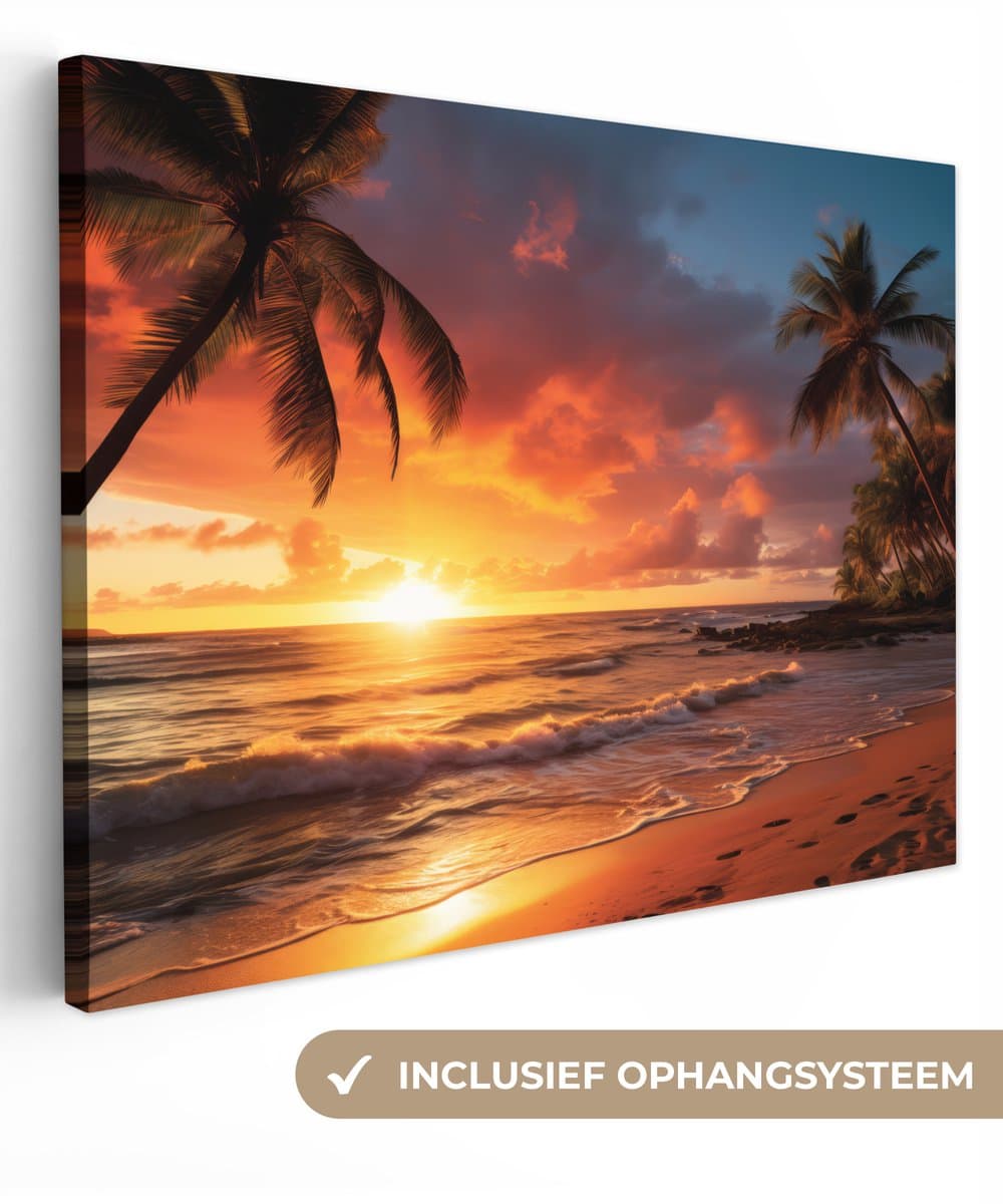 Canvas Schilderij 80x60 cm - Zonsondergang - Palmbomen - Strand - Zee - Muurdecoratie woonkamer - Woondecoratie - Kamer accessoires - Natuur schilderijen