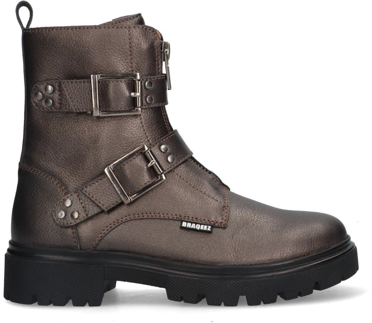Braqeez 425783-592 Meisjes Biker Boots - Grijs - Leer - Gesp Met Rits