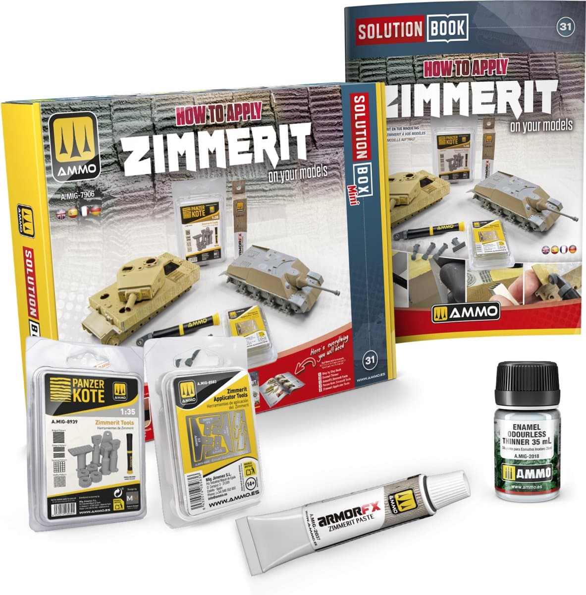 AMMO by Mig Jimenez Modelbouwdecoratie - MIG 7906 Hoe Zimmerit aan te brengen in Schaal - Modelbouw - Mini Solution Box 31 Effecten set