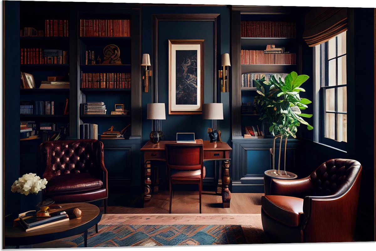 Dibond - Kamer - Bruin - Stoelen - Plant - Boeken - Kantoortje - 90x60 cm Foto op Aluminium (Wanddecoratie van metaal)
