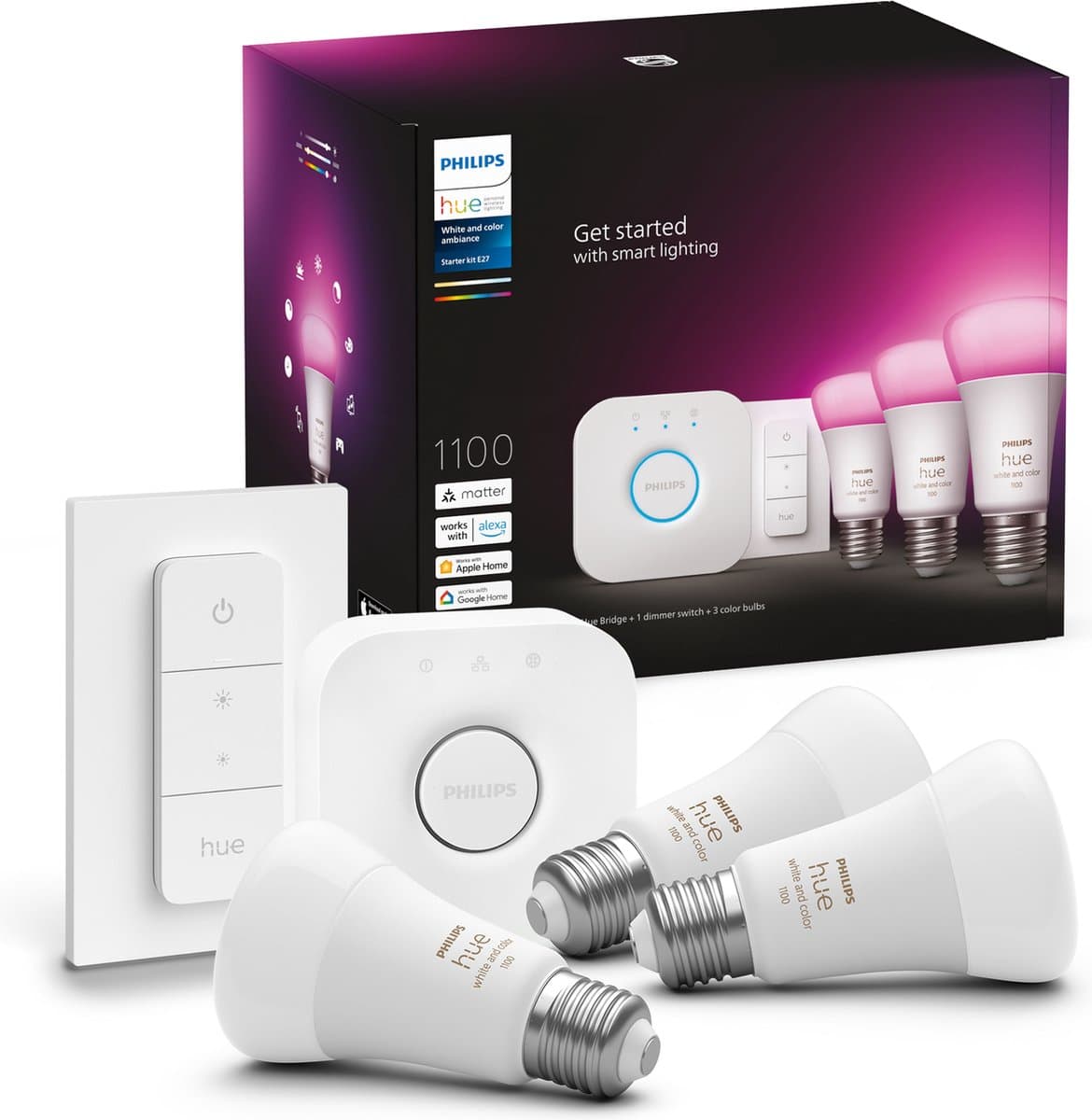 Philips Hue White and Color Starter Pack E27 met 3 lampen, dimmer + Bridge