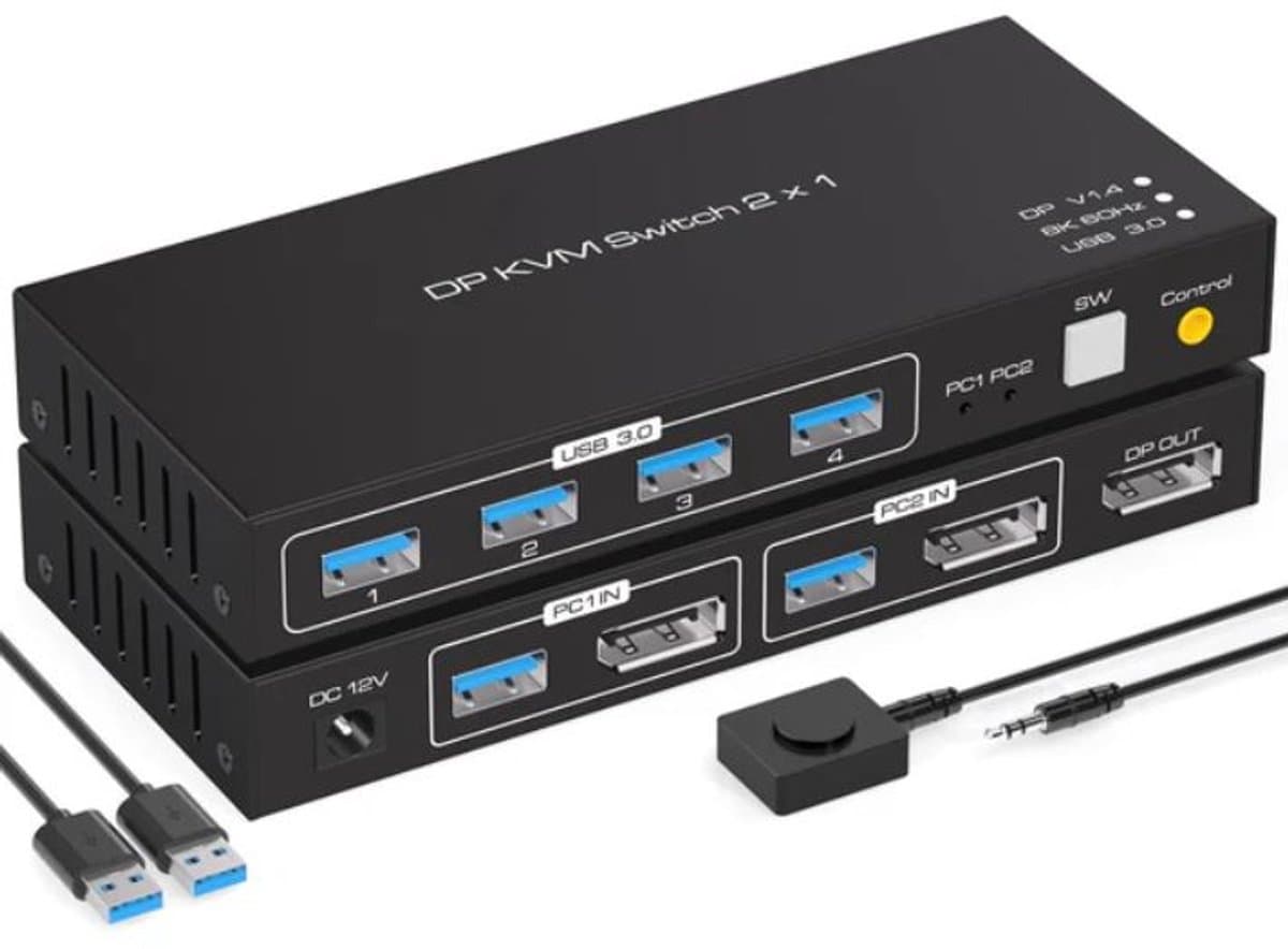 NÖRDIC KVM-150 KVM Switch - Displayport naar USB - 8K60Hz 4K144Hz, 4xUSB 3.1 - Zwart