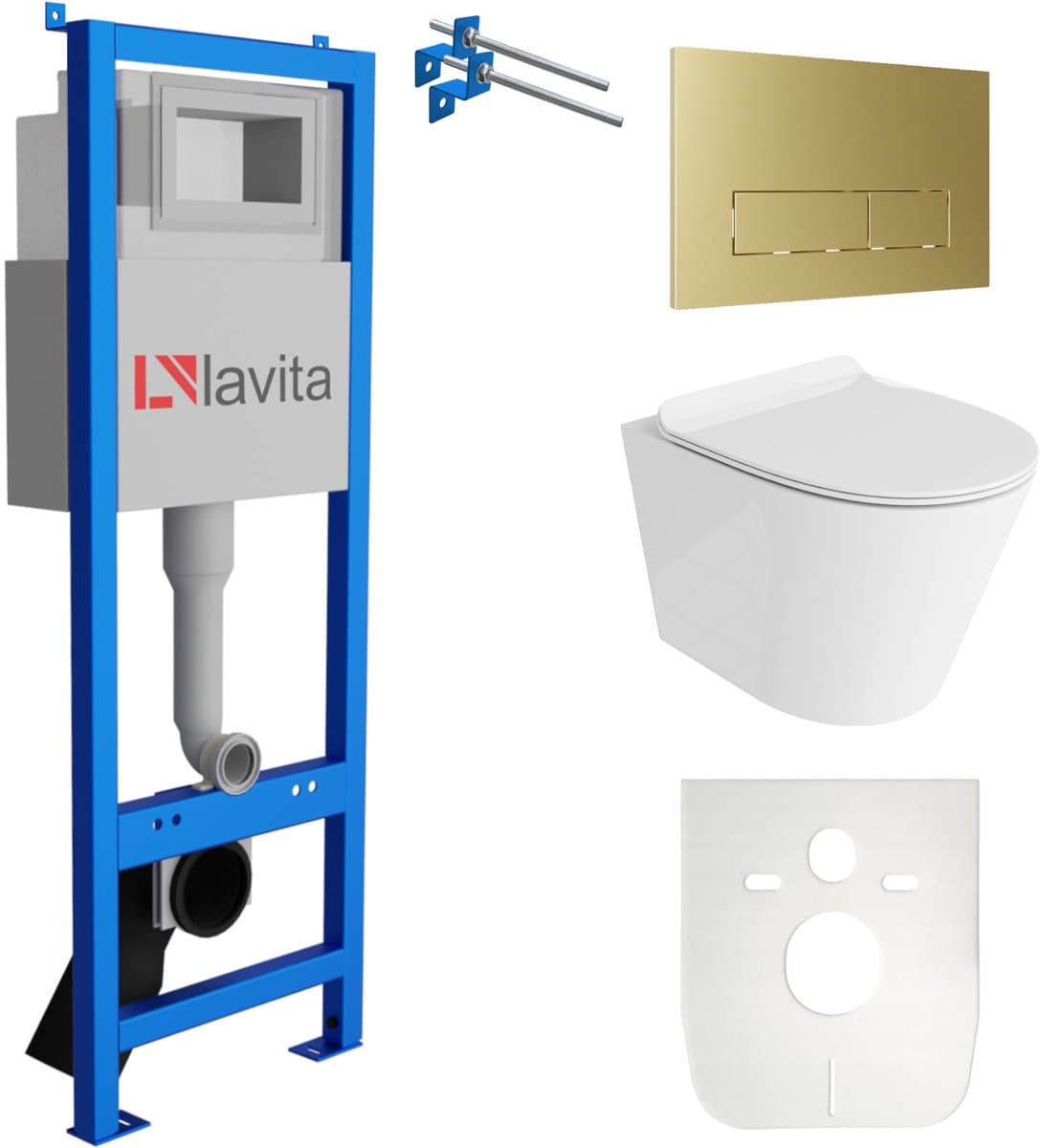 LAVITA® Inbouwreservoir Complete Toiletset LAV 101 - Inbouw WC Hangtoilet Wandcloset GALVE Wit Hoogglans - Bedieningsplaat 200.3.5 Gouden - Voorwandelement voor toilet 40cm - Installatiesysteem