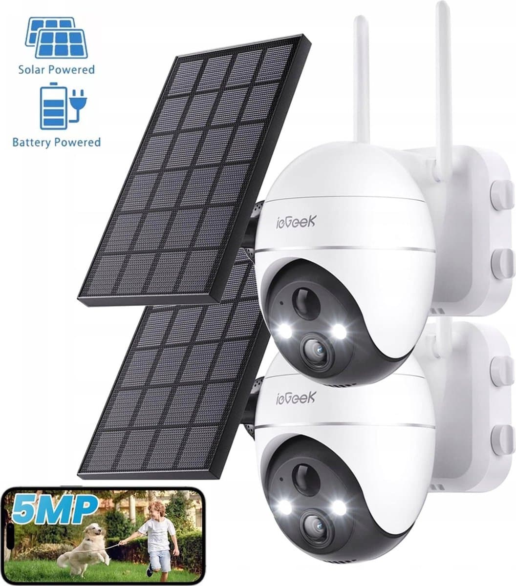 ieGeek 5MP HD Bewakingscamera Batterij Buiten Wi-Fi - 360° Draaibare Draadloze Bewakingscamera Set met Zonnepaneel - PIR Bewegingsdetector met Overstromingslicht - 2-Weg Audio - Nachtzicht