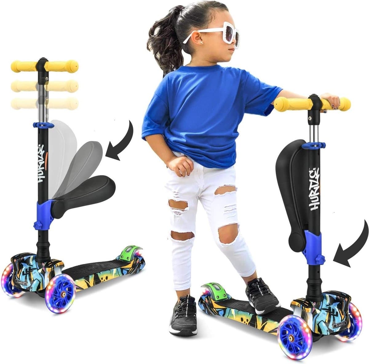 Hurtle Kinderstep, 3-wiel Step, Opvouwbare Scooter met Verstelbare Hoogte, Antislip Platform, LED Verlichte Wielen, Step voor Meisjes/Jongens