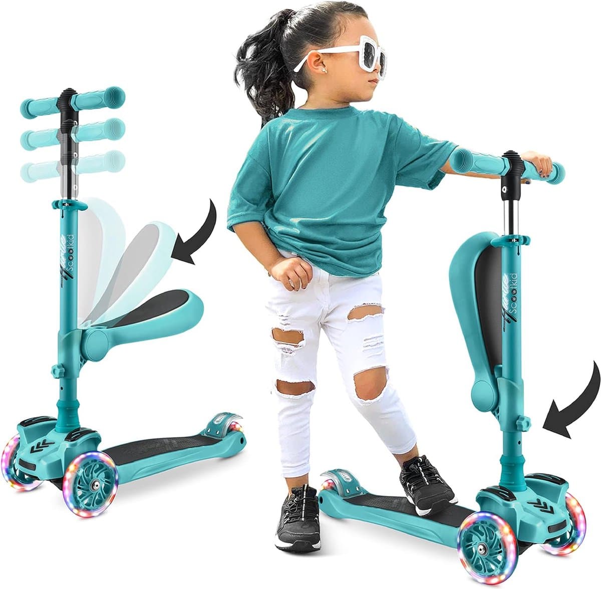 Hurtle Kinderstep - 3 Lichtgevende LED Wielen - Opvouwbare Scooter met Verstelbare Hoogte, Antislip Platform - Blauwgroen