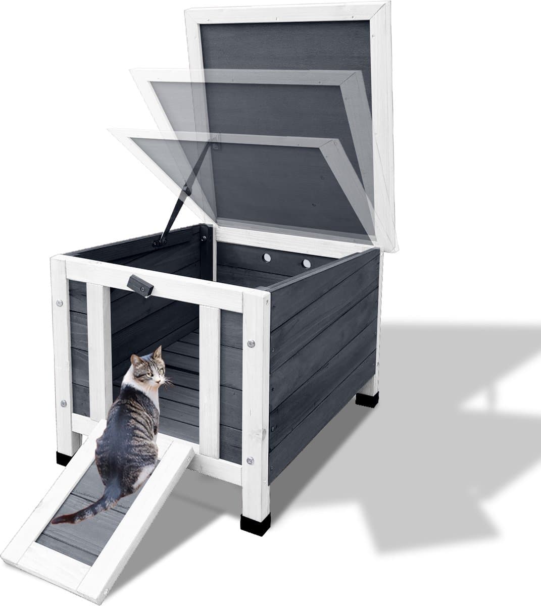Lion D'or® - Kattenhuis voor Buiten - Kattenhuis - Kattenhok - 42x44x43 CM - Kattenbak - Hout - Weerbestendig - Wit/Grijs