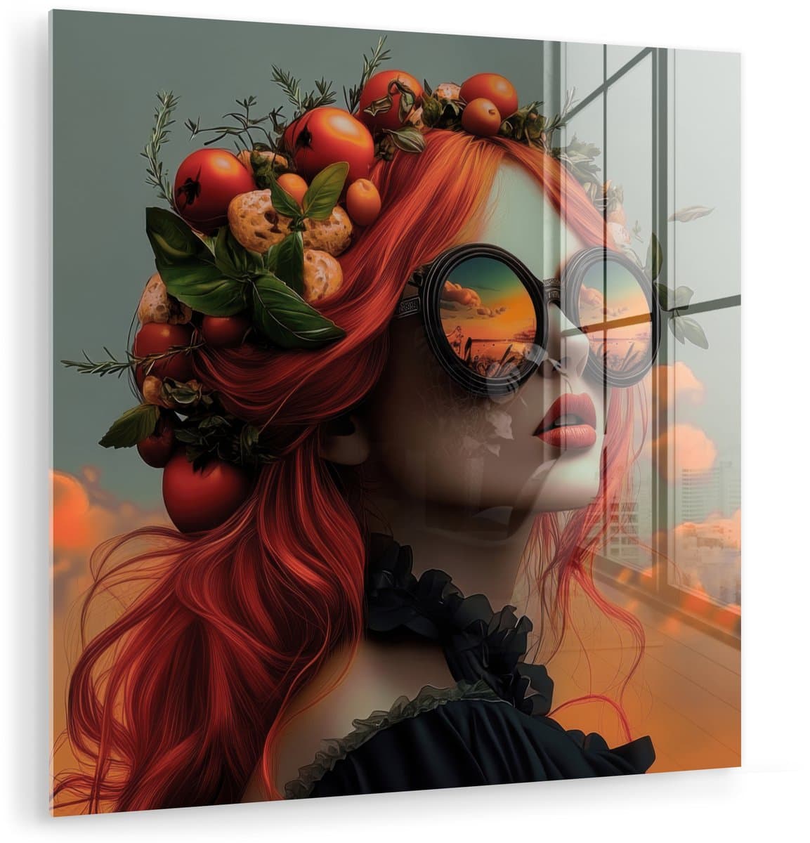 MuchoWow® Glasschilderij 50x50 cm - Schilderij acrylglas - Vrouw - Kroon - Tomaat - Bascilicum - Zonnebril - Foto op glas - Muurdecoratie woonkamer - Wanddecoratie slaapkamer - Schilderijen
