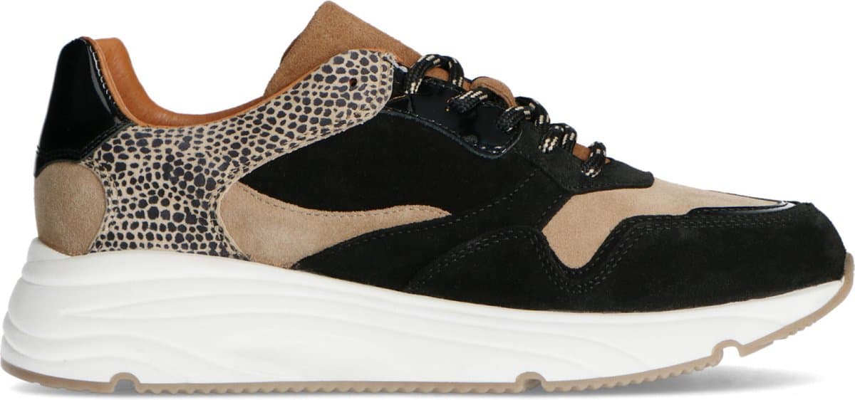 Manfield - Dames - Zwarte lage sneakers met cheetahprint - Maat 42