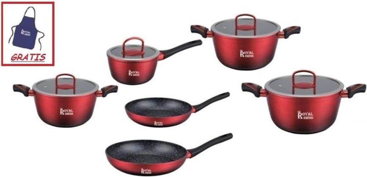 Royal Swiss - Pannenset 11-delig - Steengoeden - Voor alle soorten branden - Glazen deksel - Geschikt voor oven - PFAS-vrij + GRATIS SCHORT - Rood