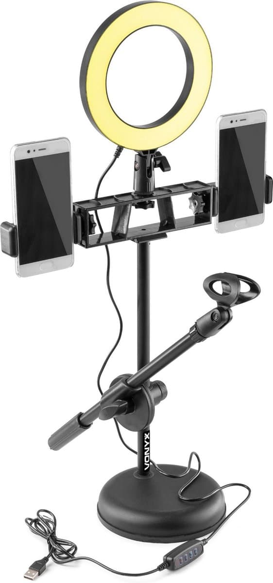 Ringlamp met tafelstatief - Vonyx RL20 Tiktok lamp met 3 lichtstanden, 10 helderheidsniveaus en telefoonhouders - 60cm standaard - Voor Tik tok, vlogs, Make up lamp, etc.