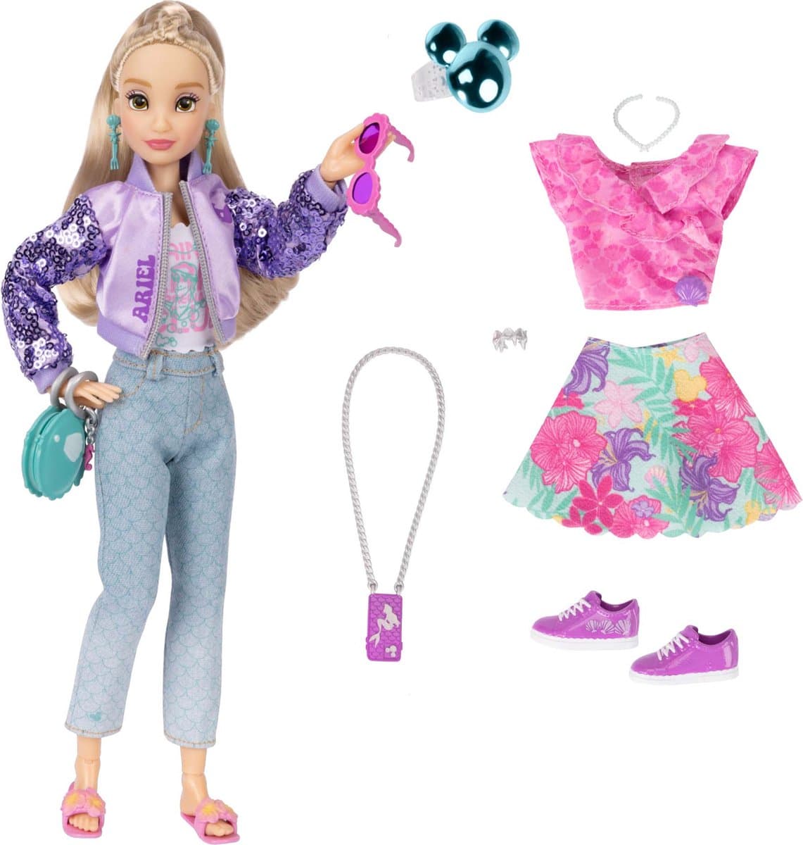 Modepoppen Ariël, 25 cm lang, met 13 scharnierpunten, twee complete mix-en-match-outfits en een Mickey-ring voor jou!