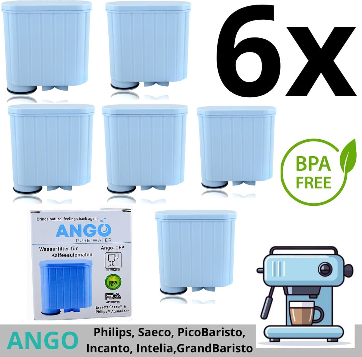 6 x ANGO waterfilter filter vervanging voor Saeco & Philips AquaClean koffiemachine CA6707, CA6903, CA6903/00, CA6903/01, CA6903/10, CA6903/99. Incanto Serie™, Intelia Deluxe Serie™, PicoBaristo Serie™, GranBaristo Serie™, Exprelia Serie™, Xelsis