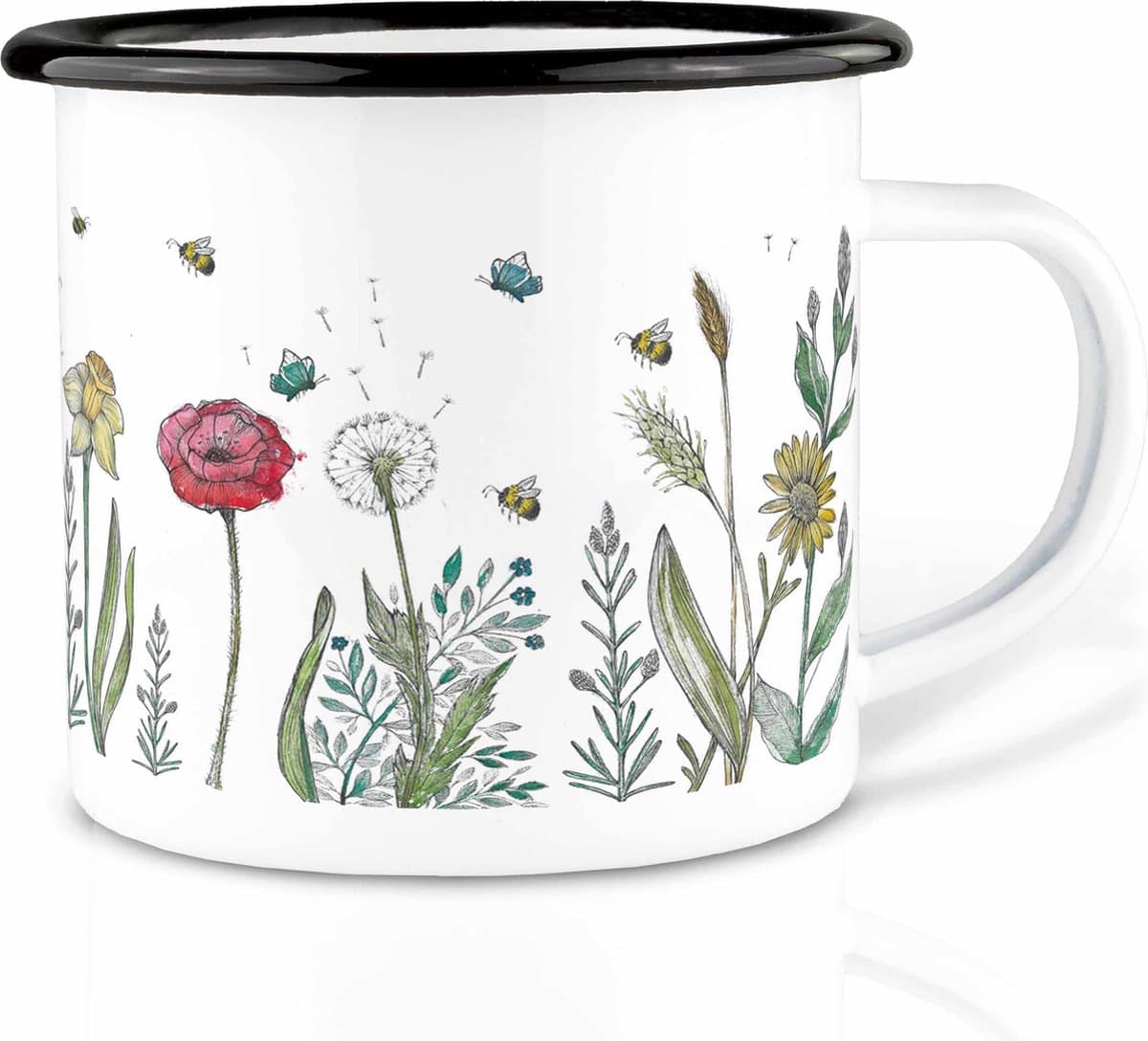 Handgemaakte emaille mok bloemenweide 300ml