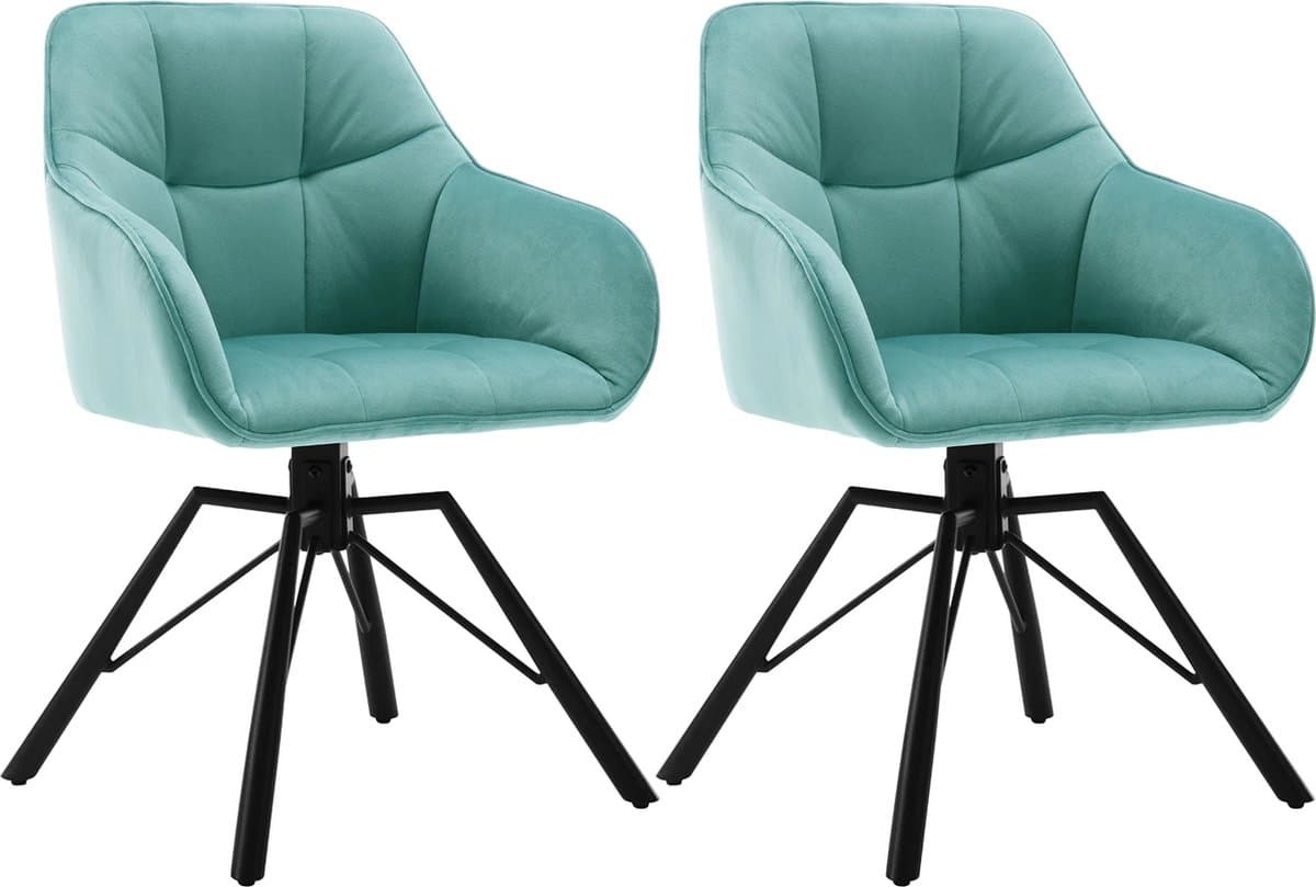 KTN® - Eetkamerstoelen set van 2 - 360 Graden Draaibare Zitting - Rugleuning - Armleuning - Fauteuil - Woonkamerstoelen - Kuipstoelen - Velvet - Fluwelen Stof - Gewatteerde Zitting - Metalen Poten - Turquoise